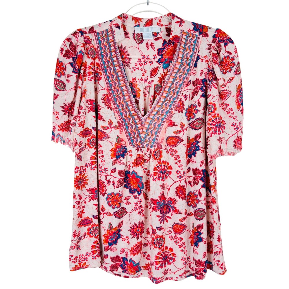 Boho Floral Puff Sleeve Top Size S Embroidered V-Neck Paisley Lightweight Beach - Picture 2 of 7